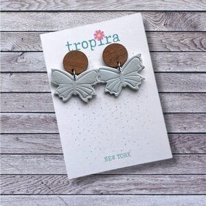 Soft Blue Silver Butterfly Polymer Clay Wooden Dangle Earrings